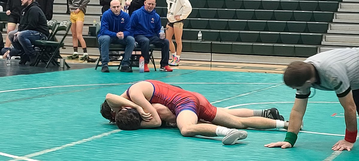 Landen Dickman wins with a tach fall against Randolph Southern 132# in the 1st round of the Randolph County Tournament!