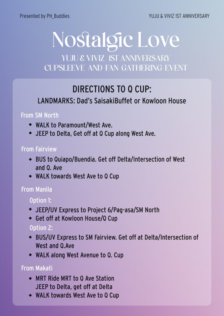 PH_Buddies's tweet photo. NOSTALGIC LOVE: VIVIZ AND YUJU 1ST ANNIV FAN GATHERING EVENT

🗓️: February 04, 2023
🕐: 1pm to 5pm
📌: Q Cup Philippines 

Avail drinks at the cafe  and purchase any Fan arts designed by PH Buddies graphic artists.

Details:
https://t.co/UA1iIfP8qh

#NostalgicLove #PHBuddies https://t.co/Mmkd5BE8wB