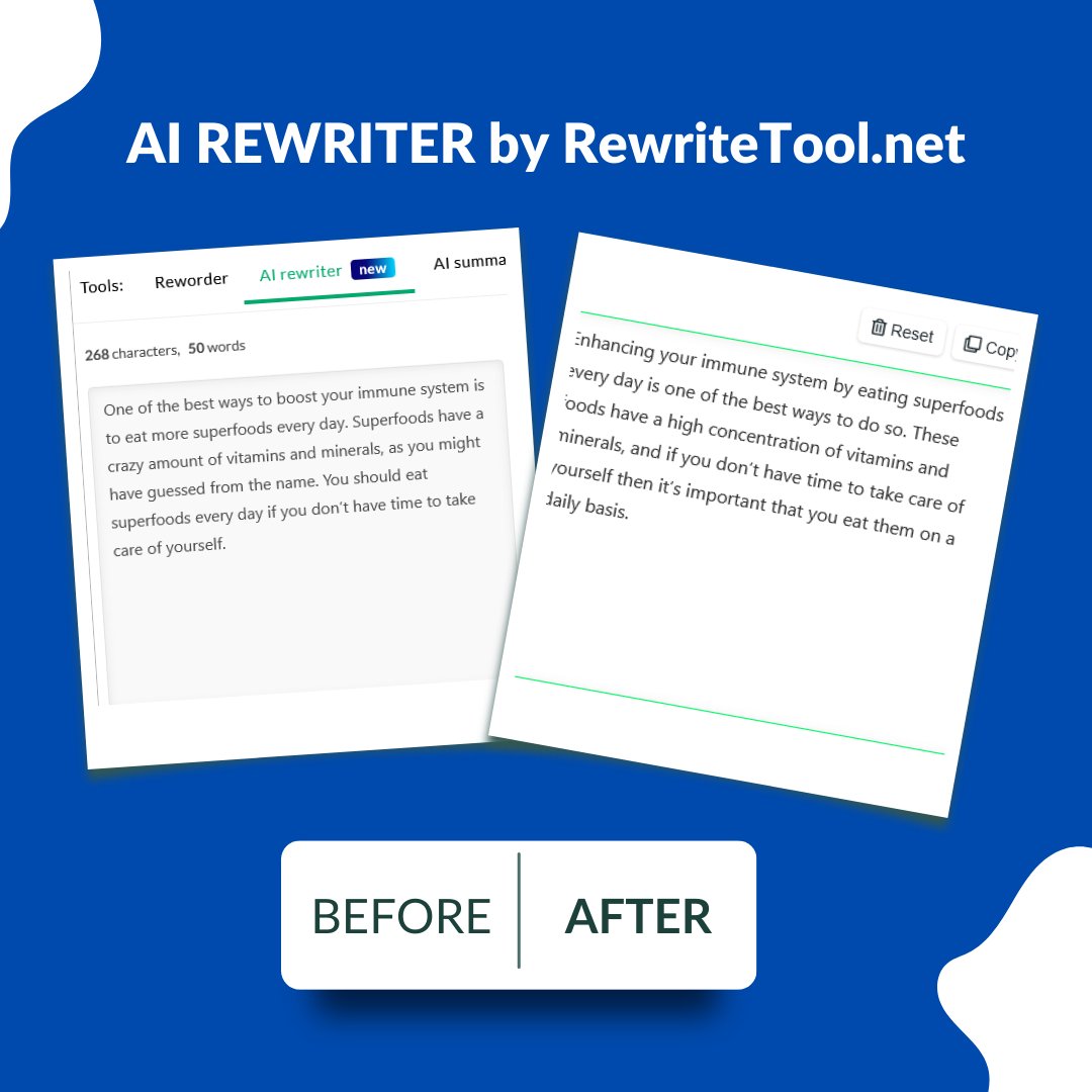 RewriteTool's tweet photo. 🚀 Say goodbye to plagiarism with the all-new AI Rewriter from https://t.co/6cvrdaL1Op! Our cutting-edge technology generates high-quality, unique content with just a click. Try it out today! #AIrewriter #plagiarismfree #writingtool https://t.co/FcUC0PUdqt