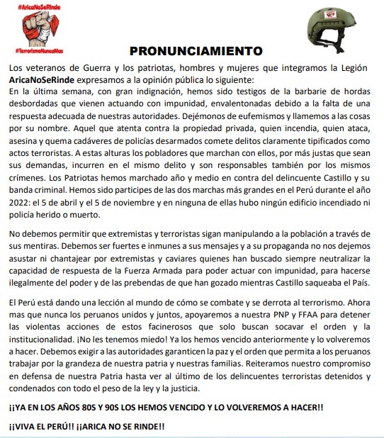 Quien se está organizando para tomar Lima, quien viene para tomar el Congreso, Quien se desplaza portando armas caseras o hechizas, no viene a protestar pacíficamente, viene a causar el caos y destrucción. Ese tipo de acciones es TERRORISMO y los peruanos NO LO VAMOS A PERMITIR!