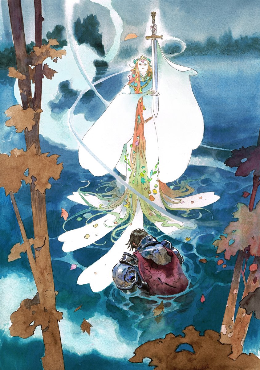 matiasbergara's tweet image. King Arthur receives a repaired Excalibur from the Lady of the Lake. 
Watercolor / ink