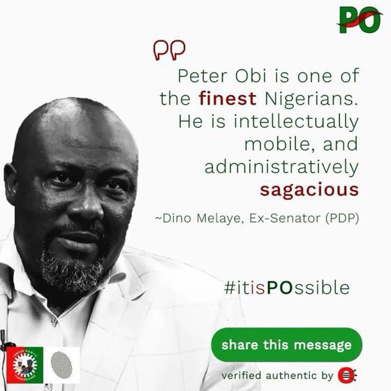 diwuano's tweet photo. Whether it be Dino Melaye, Reno Omokri or Demi Adeyanju, the verdict is the same! @PeterObi is the best, finest and the most qualified to be the next President of the Federal Republic of Nigeria, come May 2023.
#CommitToIt
#InsistOnIt https://t.co/xJSALcLX42
