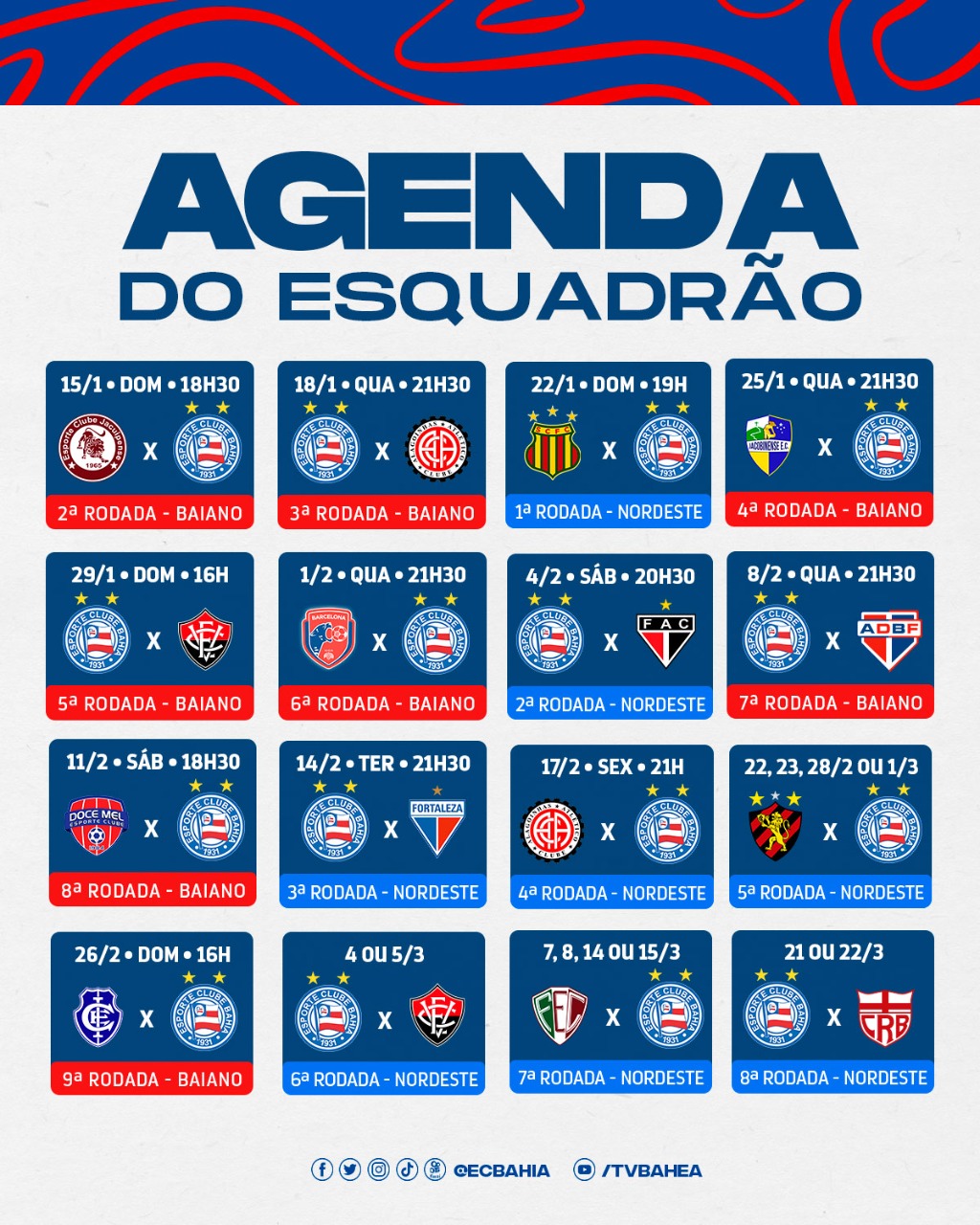 Com datas definidas, veja a tabela de jogos do Bahia até março