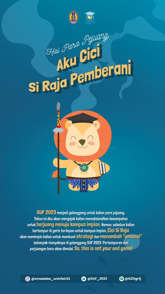 SUF_2023's tweet photo. Hai para pejuang, Aku Cici Si Raja yang pemberani.
Masih ingat kan?
#SUF2023 #SmadabaUniversityFair2023 #UniversityFair #PameranUniversitas #PerguruanNegeri #PerguruanSwasta #IkatanDinas #EventSMA #EventKampus #UTBK #SNMPTN #SBMPTN #Kedinasan #PTN #PTS https://t.co/vw8n3L9m5n