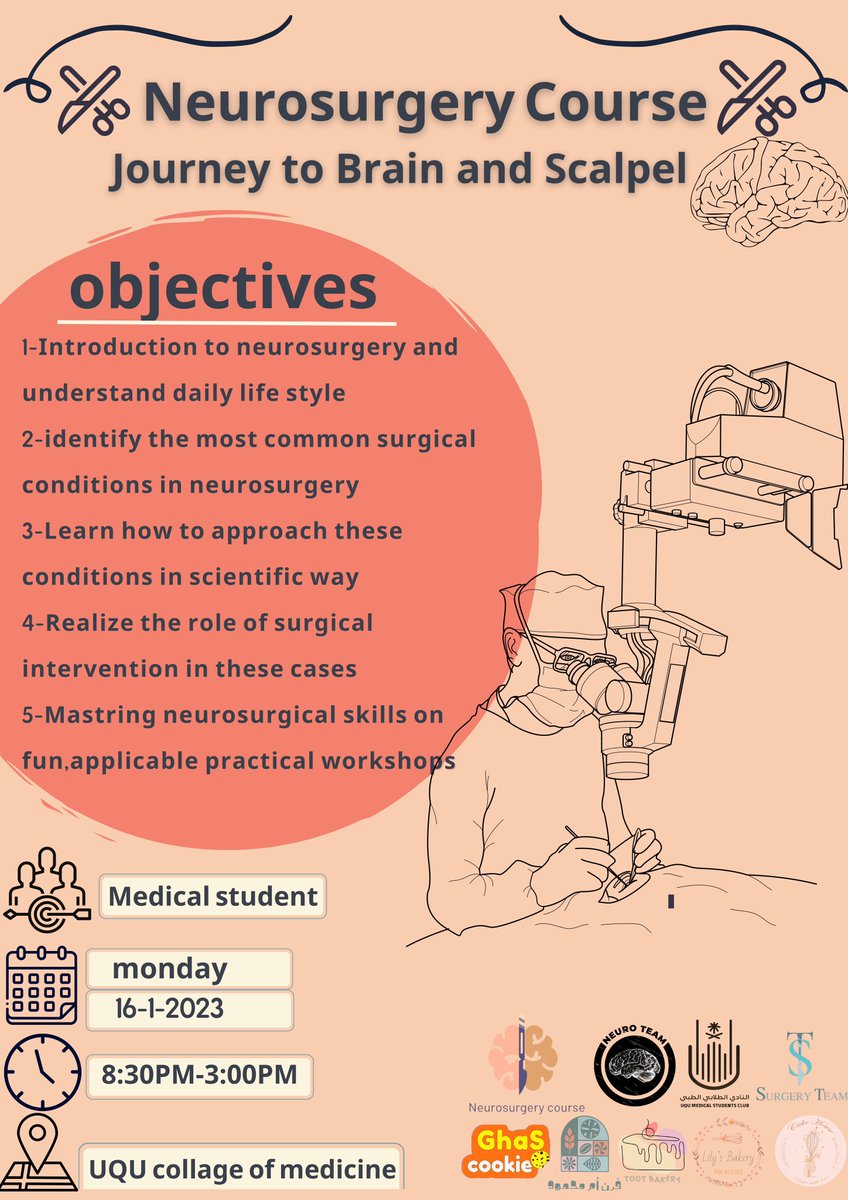 UQUneuroteam's tweet photo. Have you ever been thinking about being a Neurosurgeon? Or what is the most common cases that the surgeon deals with? 

Don’t miss the opportunity in this amazing collaboration between Neuro &amp; @SurgeryTeamUQU and be a part of it 🧠🔥

Registration link🔗:
https://t.co/074mpJEYg2 https://t.co/40YJksBk1s