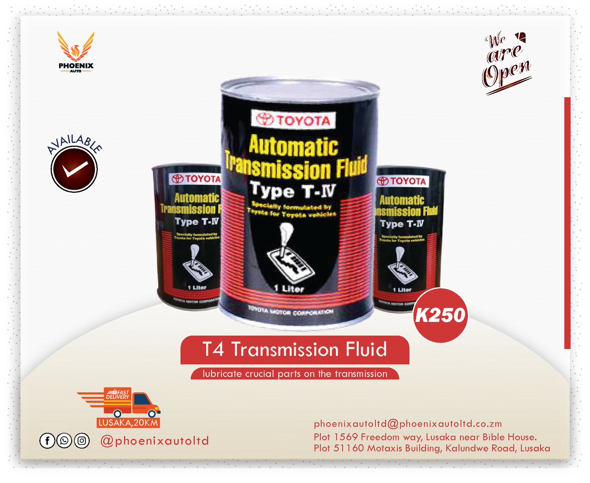 PhoenixAutoLtd's tweet photo. Get T-IV Transmission fluid, available at only K250 1 Liter.
Shop with us this weekend.
#lubricatecrucial parts on the transmission.
 #shopzambia #LusakaZambia #shop 
@mwembomashilipa.
Inbox or call for orders.
Delivery 20KM within Lusaka https://t.co/2YRhdUrLnt