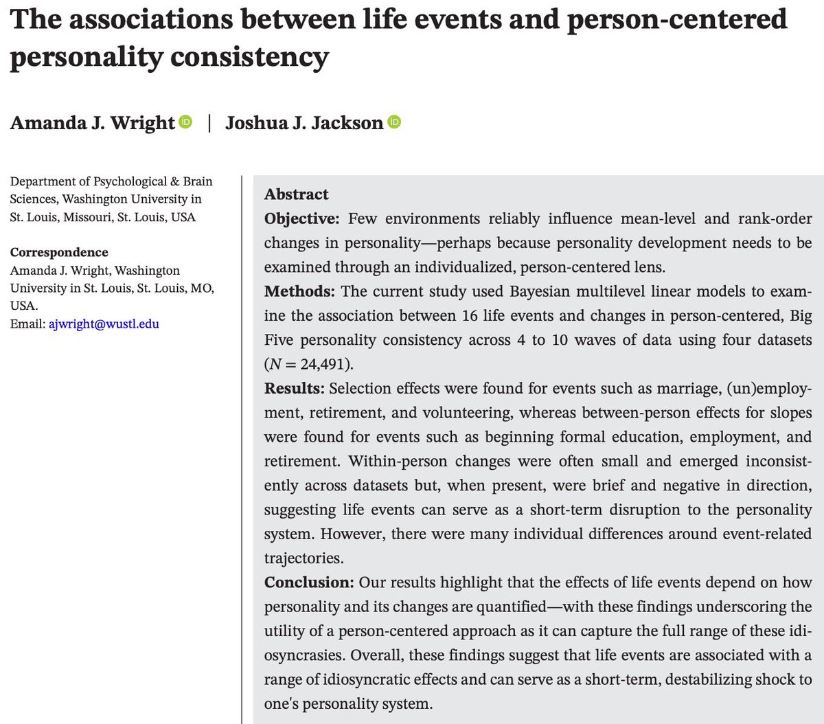 Are life events associated with changes to people’s personality systems?

Happy to see this paper, in which we tackled this question, out now in the Journal of Personality!

Free (!) link: onlinelibrary.wiley.com/share/author/W… (1/10)