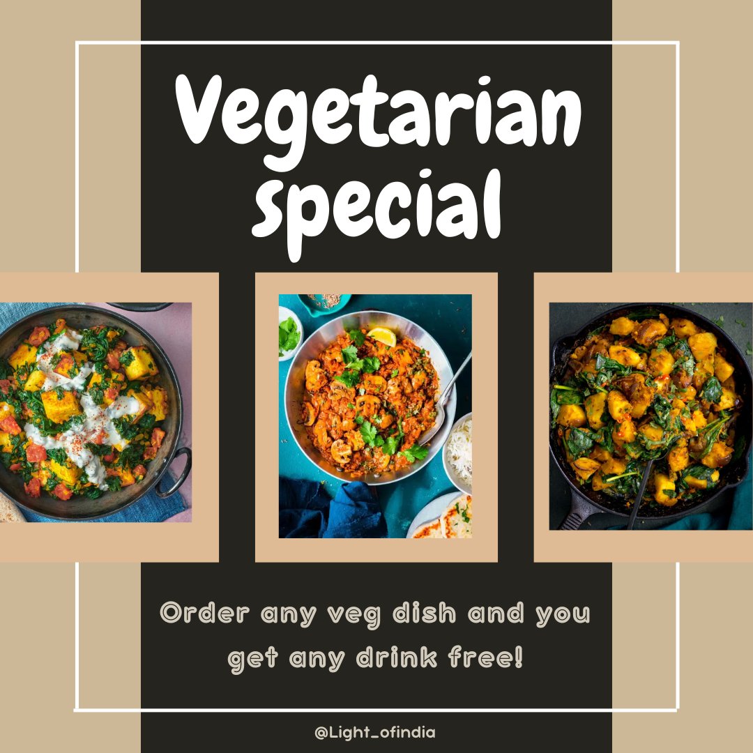 Light_ofIndia's tweet photo. Vegetarian? No problem, we got you covered! Buy any veg dish from me and you get a drink of your choice for free!

Also, can you name one of the dishes from the images above?Comment down your answer.

#food #veg #vegetarian #special #offers #dish #free #drinks #ordernow #dinein https://t.co/R5LzWwUGZ4