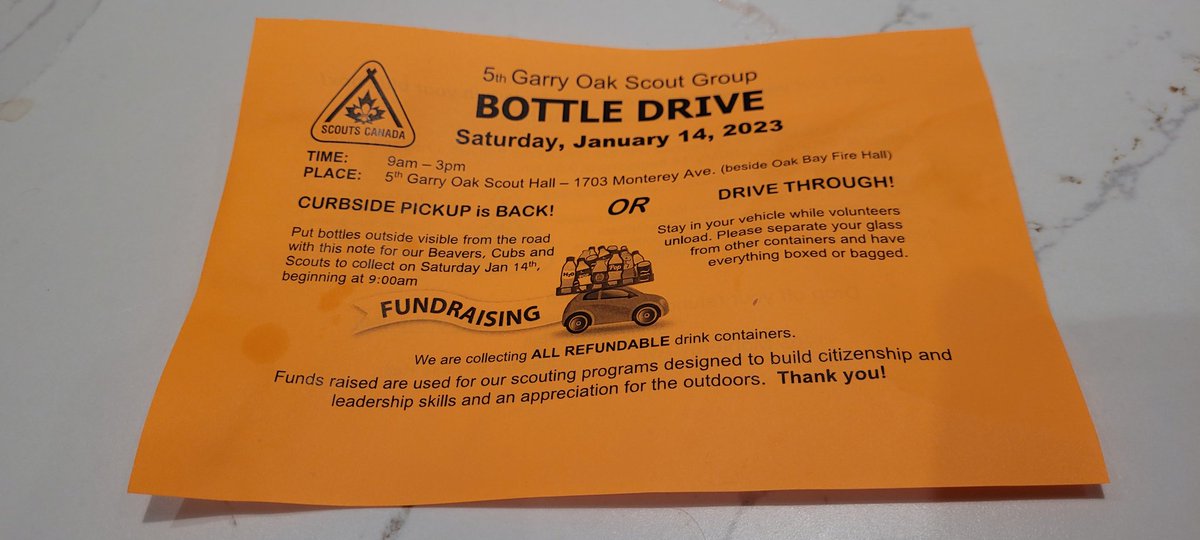 5th Garry Oak Scouts - Vancouver Island (@oakbayscouts) on Twitter photo Good Morning, Oak Bay! If you received one of these in your mailbox, then this is a reminder it is bottle drive day. It's magic. We turn bottles and cans in outdoor adventure and education for youth. #fundraiser #oakbay #camping #education <a href="/CascadiaScouts/">Cascadia Scouts</a> <a href="/DistrictOakBay/">District of Oak Bay</a> Good Morning, Oak Bay! If you received one of these in your mailbox, then this is a reminder it is bottle drive day. It's magic. We turn bottles and cans in outdoor adventure and education for youth. #fundraiser #oakbay #camping #education <a href="/CascadiaScouts/">Cascadia Scouts</a> <a href="/DistrictOakBay/">District of Oak Bay</a>