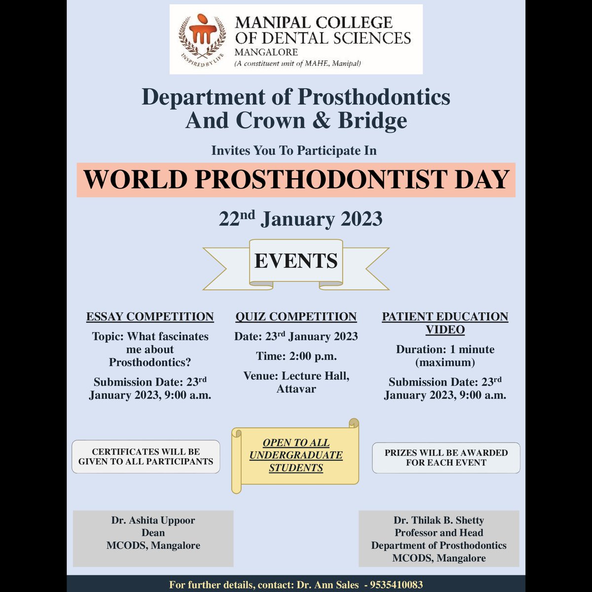 World Prosthodontist Day Celebrations, by Dept of Prosthodontics 
#Essaycompetition, #quiz #patienteducationvideo 

#mahemanipal #mahe_manipal #mcodsmlr #mcodsmangalore