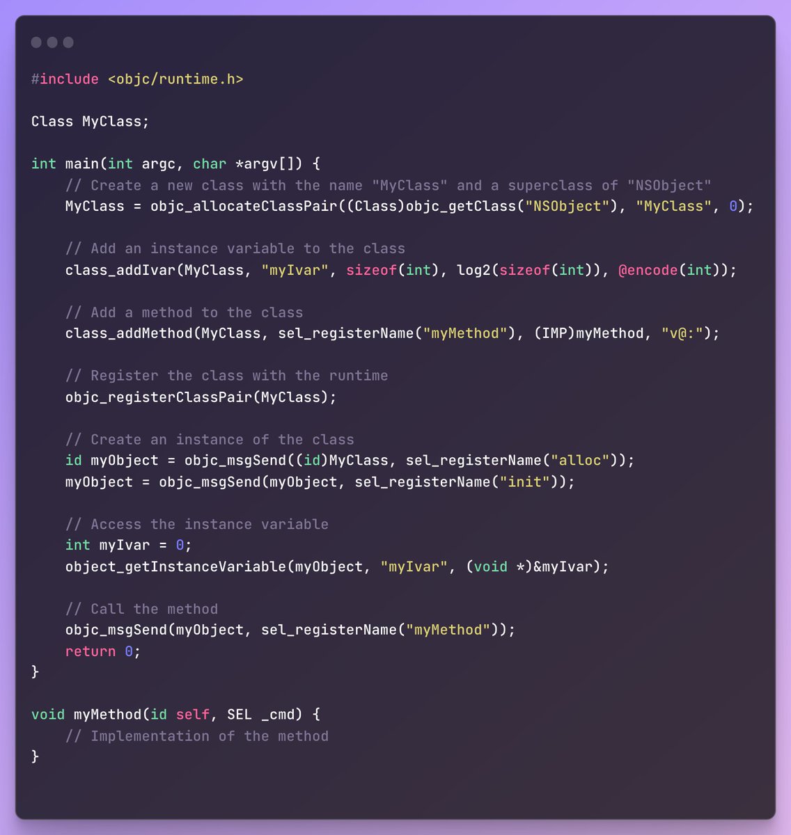 lynxluna's tweet image. Liat runtime Objective-C yang kaya gini, jadinya bertanya2, sebenernya ObjC itu bahasa native atau scripting, soalnya ga cuma weak banget typingnya, method dispatchingnya pun stringly-typed.
Terus Swift ditulis di-binding ama runtime yg kaya gini. Salut.
#sysprog #language