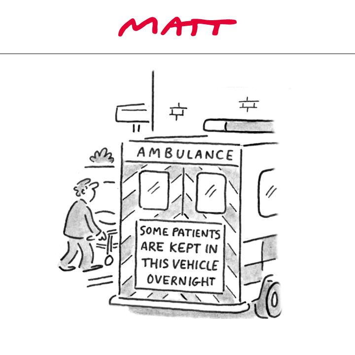 'Ambulance: some patients are kept in this vehicle overnight' My latest cartoon for tomorrow's @Telegraph Subscribe to my weekly newsletter to receive my unseen cartoons: telegraph.co.uk/premium/matt/?…