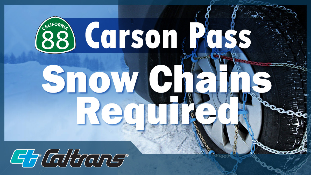 CaltransDist10's tweet photo. #TrafficUpdate #AlpineCounty: SR-88 #CarsonPass is now open with R2 chain requirements in place. #CarsonSpur remains closed. Continued storms are forecast through Monday and travel is not recommended. For chain requirement info. visit: https://t.co/JQIr3BtN20. #Quickmap https://t.co/QFum31QwAV
