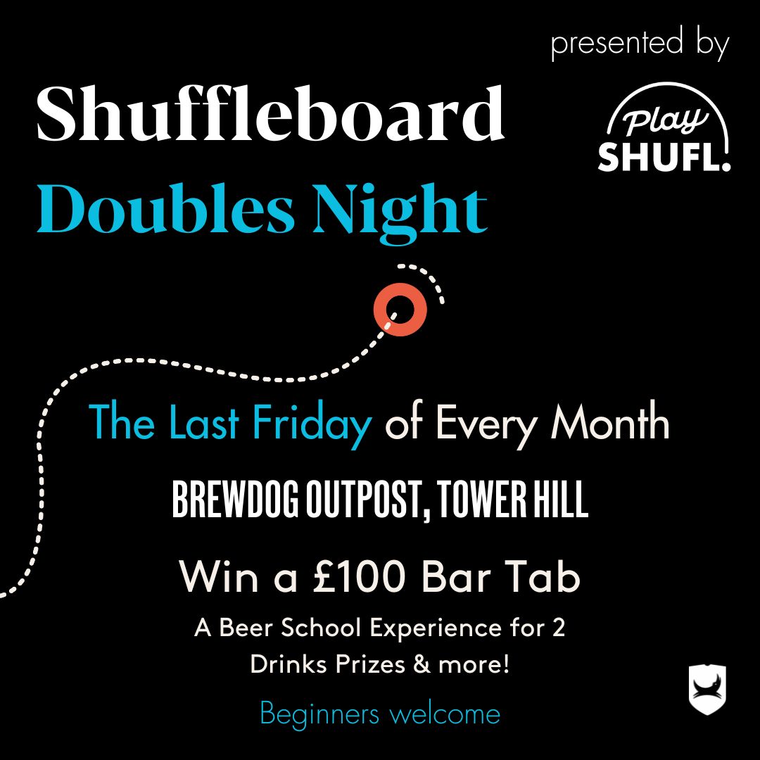 BrewDogTowerH's tweet photo. Join us on the last Thursday of the month for our monthly Play SHUFL. Doubles Tournament!
£5 entry, 7 pm puck off.

New players are very welcome... we'll run a training session from 6 pm to get you up to speed 💪.

Can you knock our reigning champions off their perch? https://t.co/ciCldCBtTI