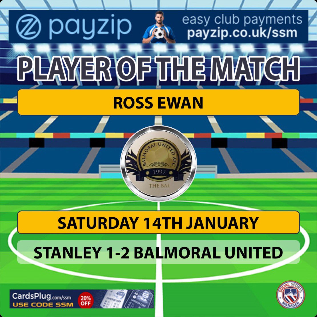 Match Result:

Balmoral United AFC 2 - 1 Stanley AFC

⚽️ - Ross Ewan x 2 

Subs - Alfie Meager, Bartek Kaminski, Hamish Wands Mateusz Olender, Robbie Pol Ryan Feaks, Stewart Page

MOTM - Ross Ewan

Report on FB

MTB