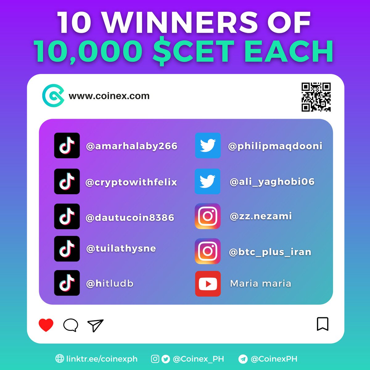 RobViaBTC's tweet photo. 🎉Congrats to the 120 Winners of #CoinEx 5th Celebration: #futurewithCoinEx Event! ✨
10 of them will receive 10K $CET ($460+ USD) EACH💸 Your rewards will be sent within 7 working days! 😍
Thanks to all participants!👏
See full Winner list👉 https://t.co/snC1hL61YM
#Giveaway https://t.co/oGux8uGYRo