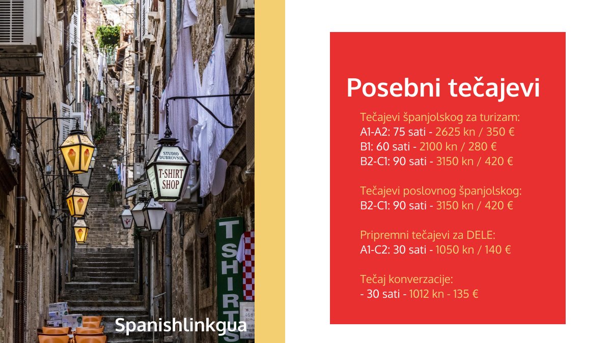 Izvrsna ponuda tečajeva španjolskog u Dubrovniku. Profesor Francisco Ramos Pastor. Otvoreni upisi. Ograničen broj mjesta.

Ukoliko trebate više informacija, posjetite web stranicu spanishlinkgua.com/hr/nastava-uzi…

Ukoliko ste zainteresirani,  registrirajte se na: forms.gle/cnewJXpN73pjzk…