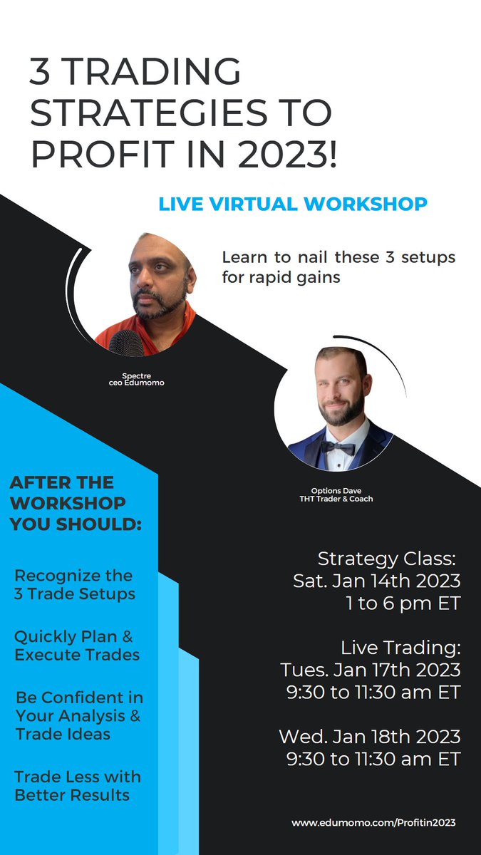 EdumomoLLC's tweet photo. Last chance to Sign Up for today's Workshop with @spectre_trades &amp; @Options_Dave plus Live Trading together next week! 

Learn to nail our 3 favorite setups for quick gains!

Sign Up Now --> https://t.co/ESldKjxQd3

Workshop: Jan 14th
Live Trading: Jan 17th &amp; 18th https://t.co/j2sVzTSAe2