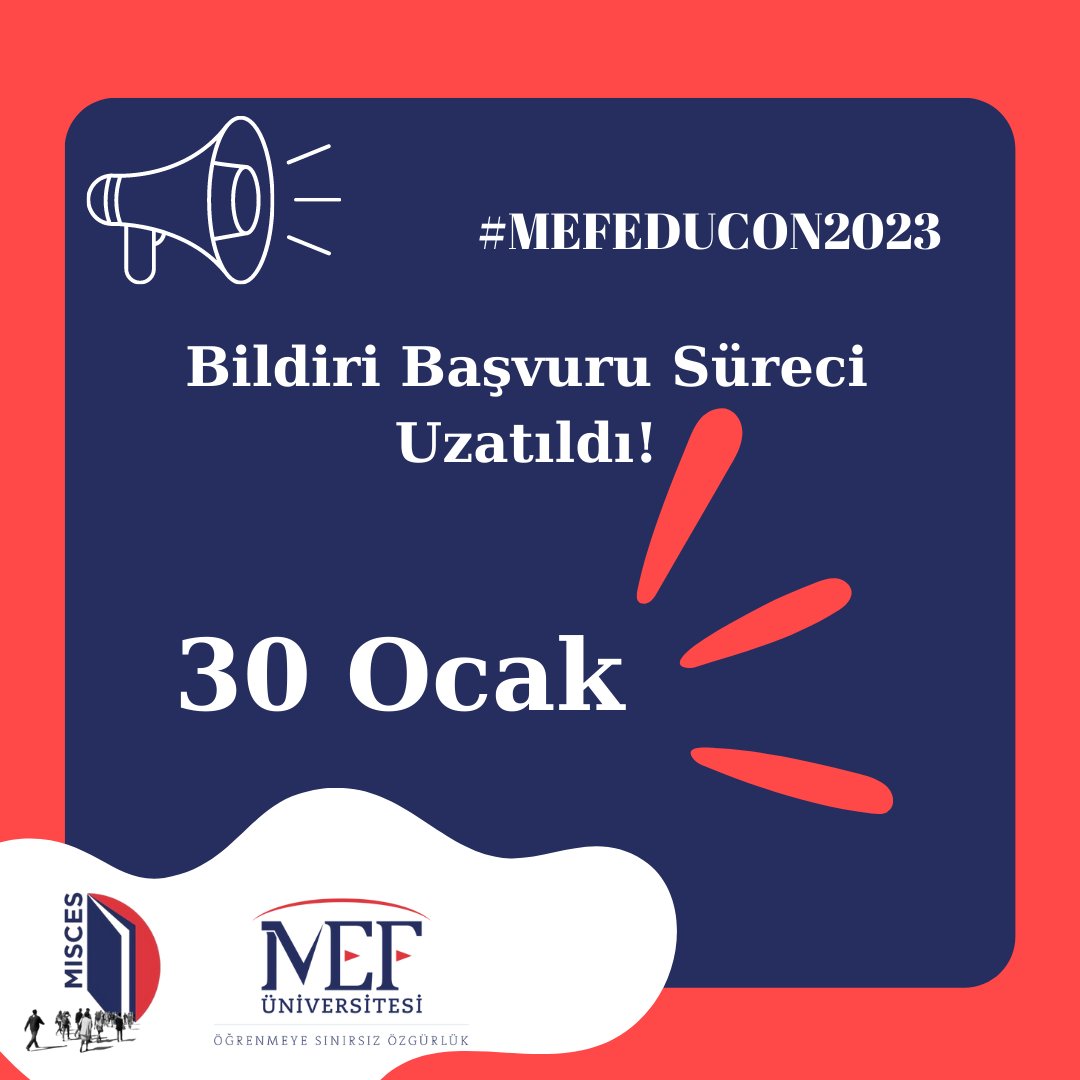 MEFEDUCON 2023 ekibinden yeni bir duyurumuz var! Bildiri başvuru süreci 30 Ocak 2023 tarihine kadar uzatıldı. Başvuru linki biyografi’de. Yeni konuşmacılarımız ve diğer gelişmeler için takipte kalın! 🥳 #mefeducon #mefeducon2023
