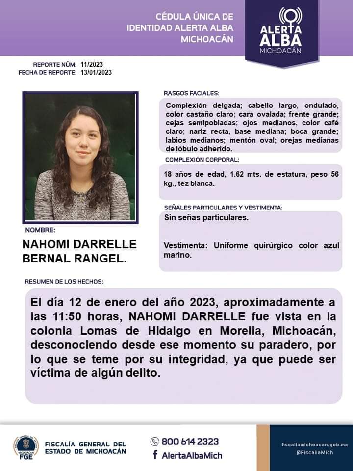 Solicitamos su apoyo para la búsqueda y localización de NAHOMI DARRELLE BERNAL RANGEL de 18 años de edad. #Comparte #AlertaAlba #AlertaAlbaMichoacán #AyúdanosAEncontrarla #FGEMich @BotDesaparecidx