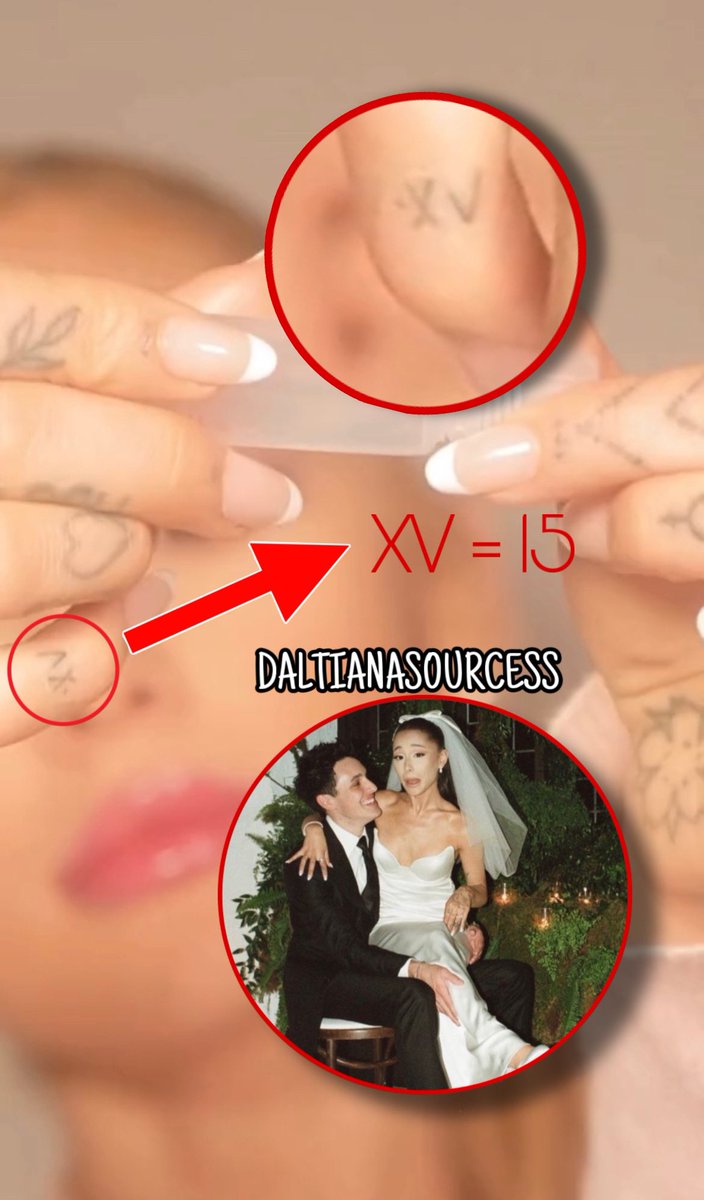 arianasources_'s tweet photo. seems like Ariana Grande has a new tattoo on her pinky finger ! “XV” in roman numerals which means “15” possibly meaning the day she got married to Dalton Gomez (5.15.21) what do you guys think?? https://t.co/IWGk9lupz3