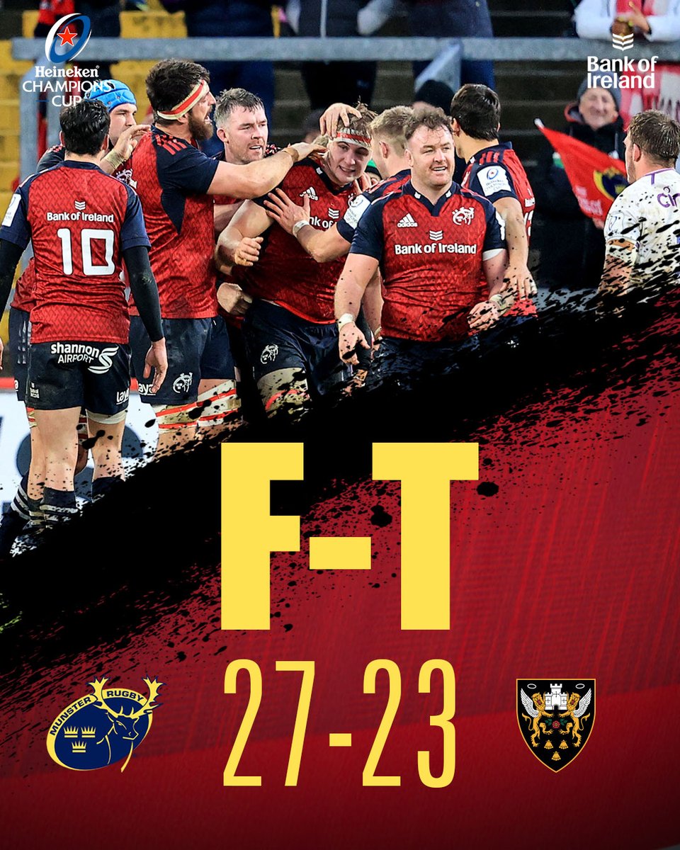 Munsterrugby's tweet photo. FULL-TIME: Munster 27-23 Northampton Saints

The 14 men of Munster hang on for a huge @ChampionsCup victory!

#MUNvNOR #SUAF 🔴 https://t.co/dDNClLzOpb
