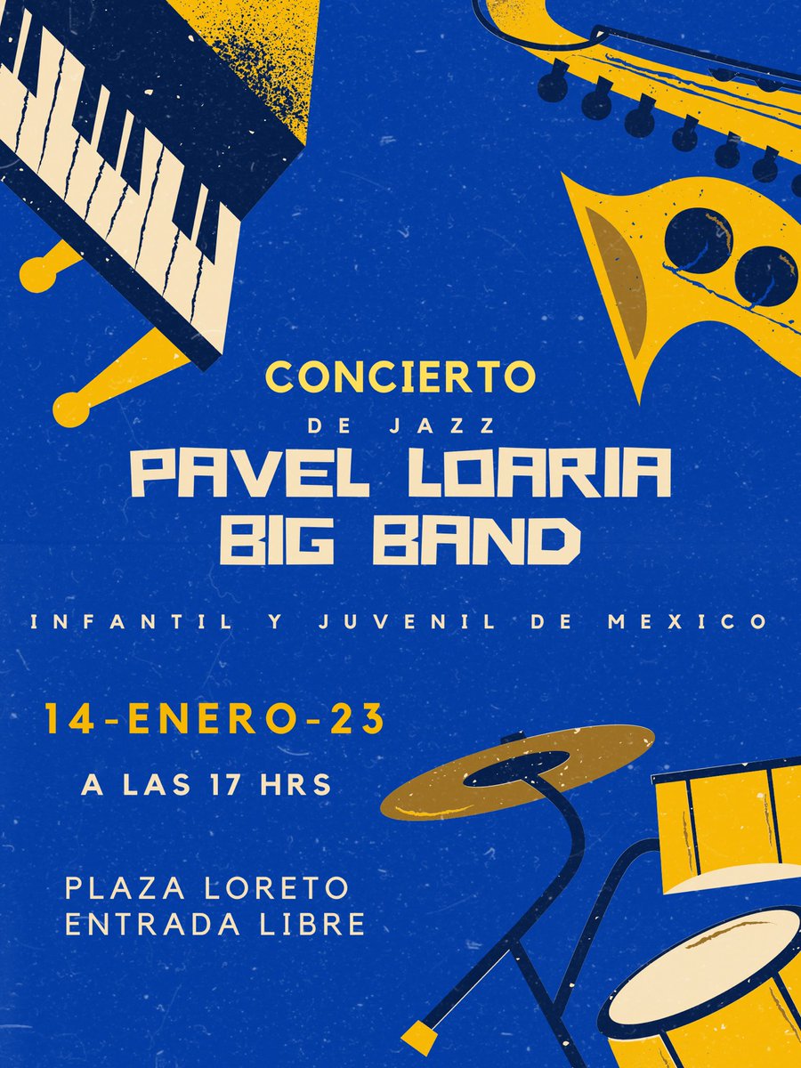 Hoy sábado 14 de enero no te pierdas a la primera Big Band infantil y juvenil de México en @PlazaLoreto1 entrada libre para toda la familia 17 hrs. #PavelLoariaBigBand #jazztetMx #bigband #MexicoCity #plazaloreto #Concierto #infantilYjuvenil