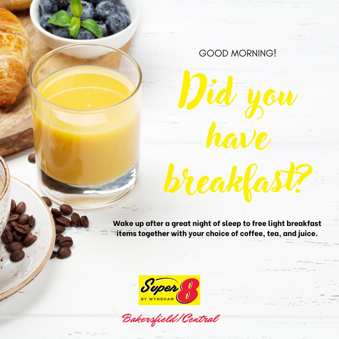 Wake up after a great night of sleep to free light breakfast items together with your choice of coffee, tea, and juice. Good morning! 

#Super8 #Super8byWyndham #BakersfieldCA #hospitality #complimentarybreakfast #freebreakfast #hotelamenities