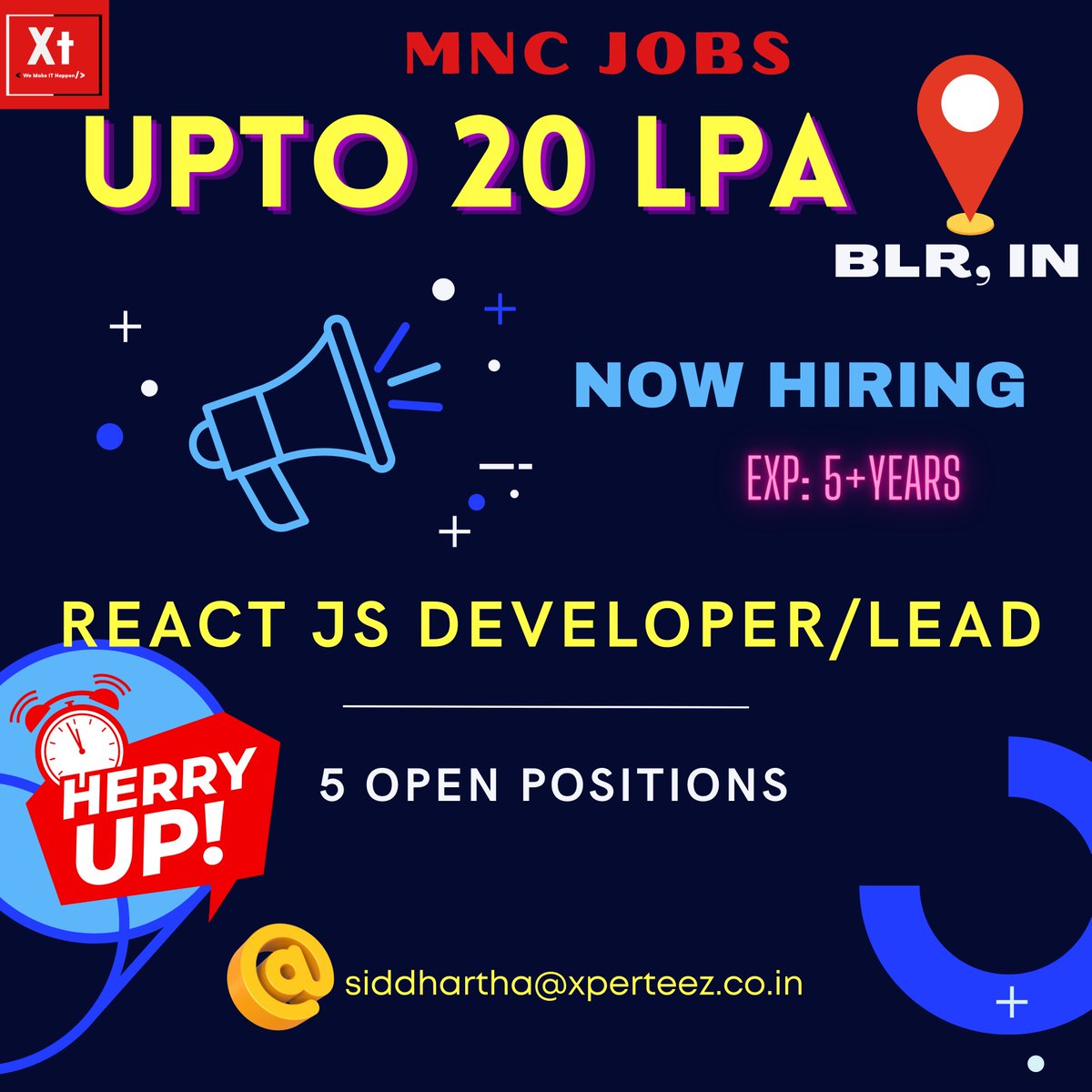 Upto 20 LPA, Bangalore location
Technical hiring!!!!!!
Apply : xperteez.co.in/jobs

#xperteeztechnology #hiring #job #jsdeveloper #developer #career #growth #opportunity #mncjobs #technical #frontenddeveloperjobs #frontend #jobs #india #openings #hurryup #applytoday