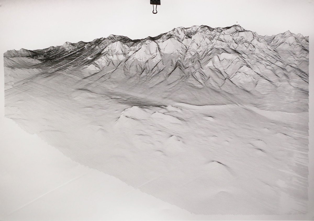 _glkt's tweet photo. @generativehut @VetroEditions Orbis Tertius : real martian landscapes, on large sheets of paper, with a custom made plotter, using actual topographic data from NASA - an interactive installation that build up a unique cartography of planet Mars

👉 https://t.co/DbyJXMXZom https://t.co/qiQQi4lpAC