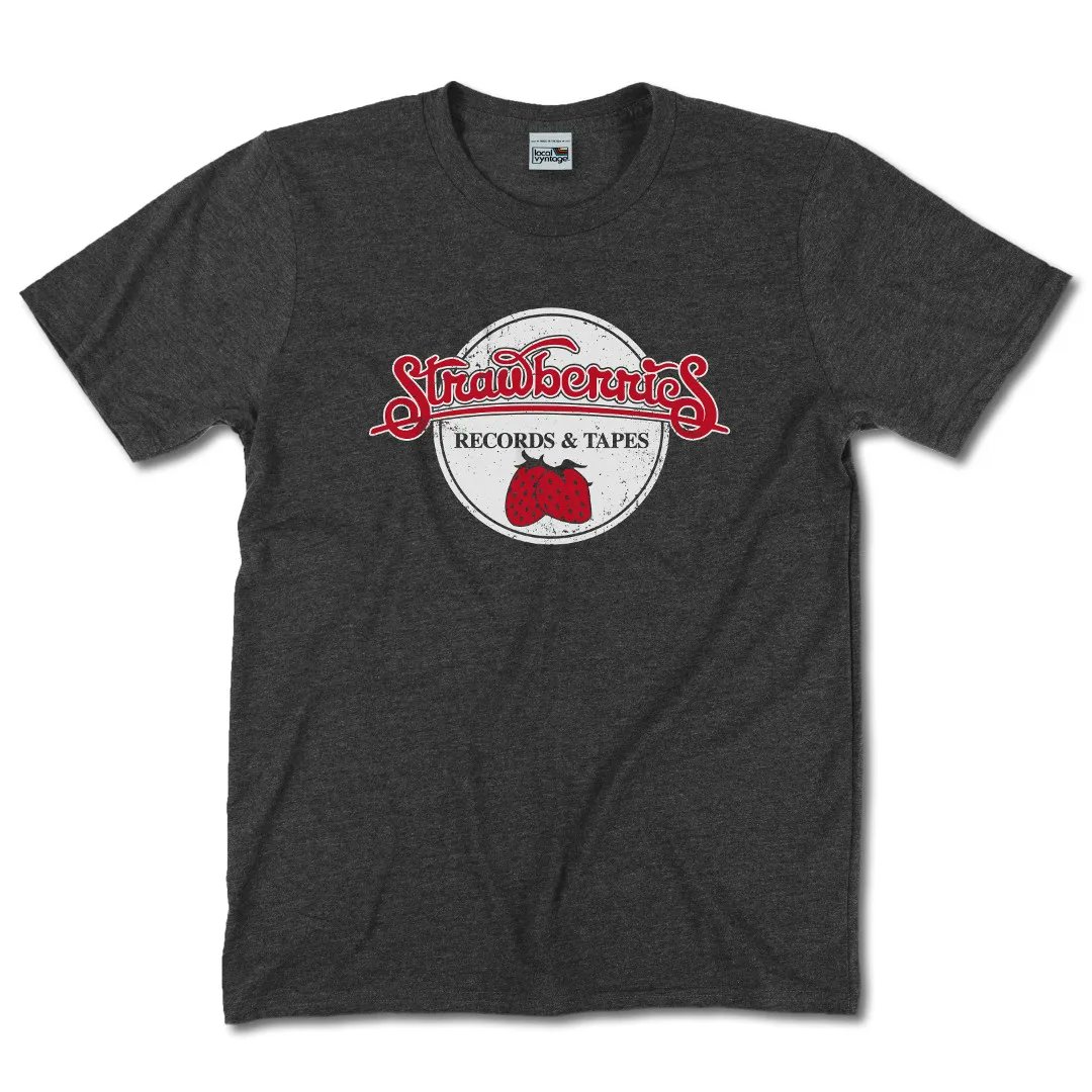 localvyntage's tweet photo. Strawberries is back! We're bringing back everyone's favorite record shop with our newest tees and hoodies. Check it out at https://t.co/ntXiEHKsZk. #Vyntage https://t.co/bz4nRF5LOb