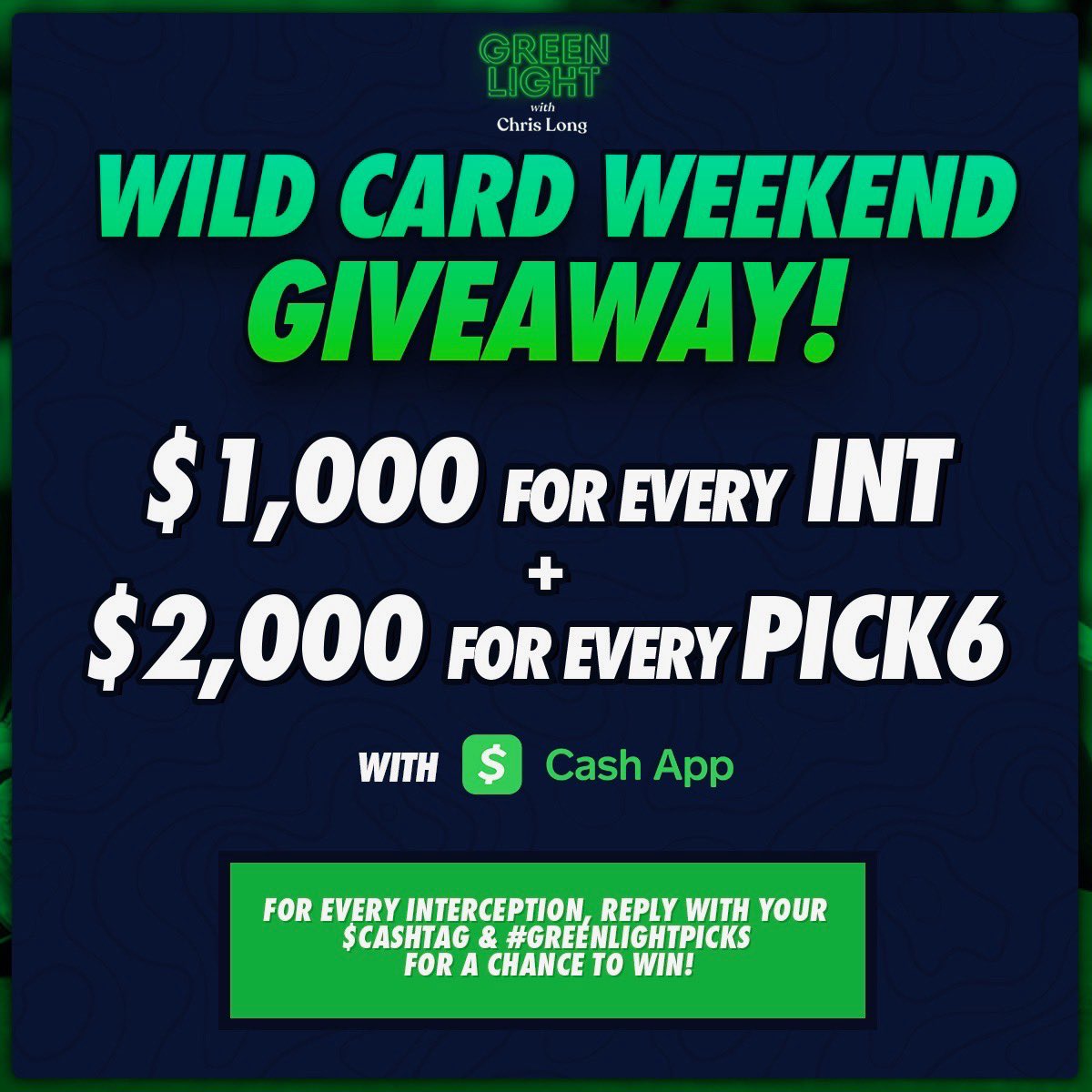 greenlight's tweet image. We teamed up with @cashapp to make Wild Card Weekend a little interesting

Anytime there’s an interception this weekend, we're giving away 💰CASH!💰 If there's a Pick 6? We’re going to double the prizes! Drop your $cashtag &amp;amp; #GreenLightPICKS each time the defense comes up big!!!