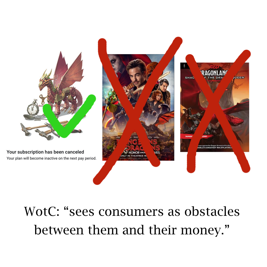 Midnight_Tower's tweet photo. @Wizards_DnD @DnDBeyond Dear @Hasbro and @Wizards 
I've played D&amp;D since 2nd edition, but your appalling actions have led to:
➛ I've cancelled my D&amp;D Beyond subscription
➛ I won't watch the upcoming D&amp;D movie
➛ I won’t buy any of your books for the foreseeable future

#OpenDnD #DnDBegone #StopTheSub https://t.co/mG1Dx9ko7I