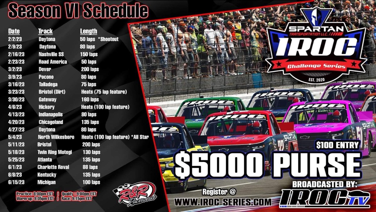 The deadline to sign up for Season 6 of the IROC Challenge Series is Jan. 15th. If you plan to race but haven't completed your registration yet, please go to iroc-series.com asap! The new season kicks off Thursday 2/2, will I see you there?🇺🇸🏁🎙 <a href="/IROCTVMEDIA/">IROC TV</a> <a href="/iracerStan/">Stan Carnathan</a>