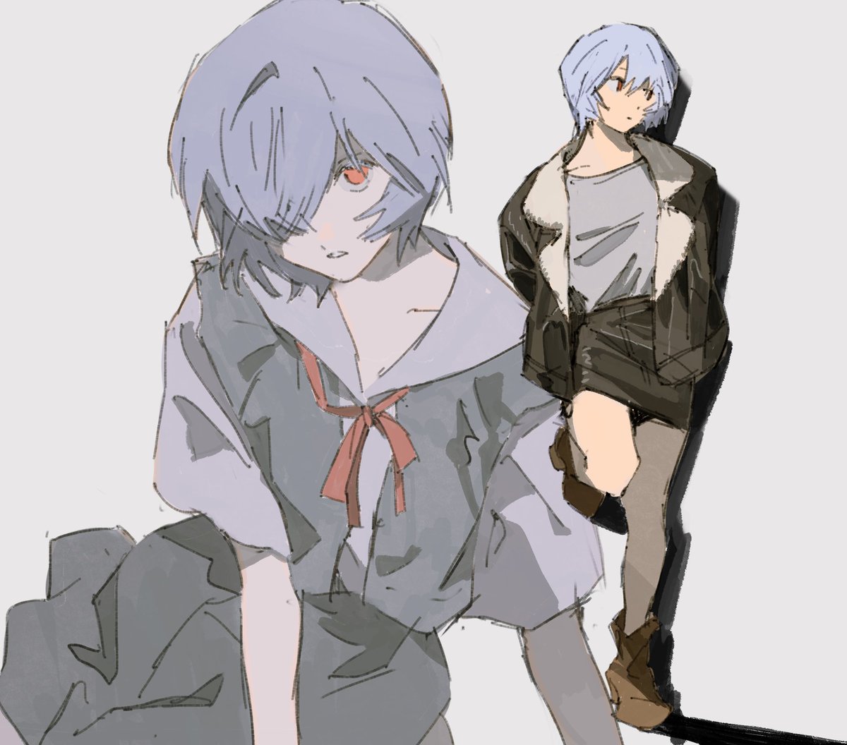 1girl blue hair boots hair over one eye jacket multiple views red eyes  illustration images