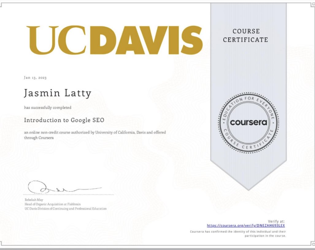 I’ve been learning SE0 marketing for absolute fun these past 4 weeks and I just realize this makes me a lowkey tech nerd 😭😭😭😭 but hey … hopefully I get a 100k a year type marketing job in the end . On to the advanced class now #universityofcalifornia #seo