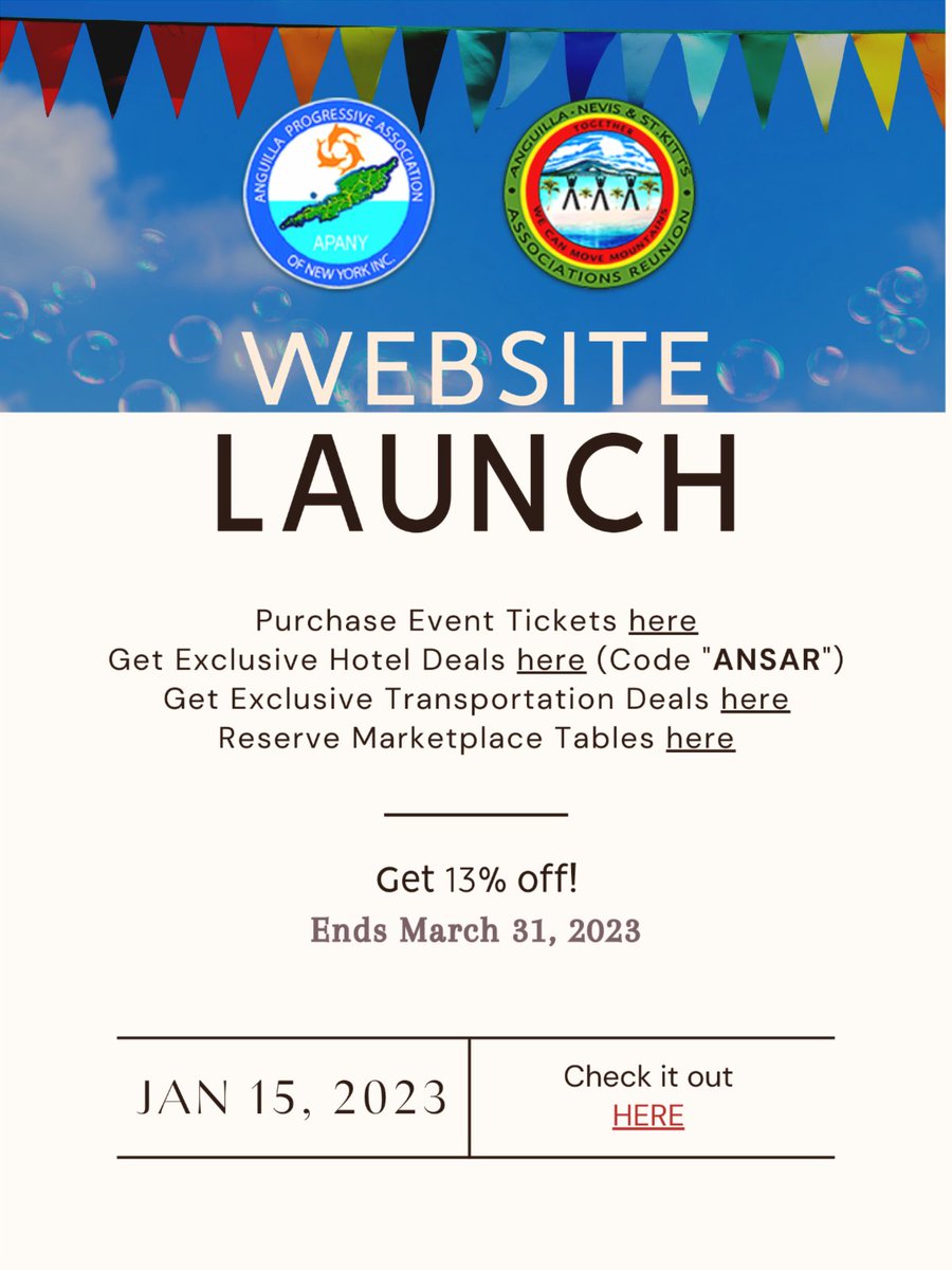 APANYorg's tweet image. ANSAR 2023 Website Launch - January 15, 2023. Visit our website to purchase event tickets, get exclusive hotel and transportation deals, and reserve a table in the Marketplace. Purchase ads in ANSAR2023 journal and sponsor events. #ansar2023anguilla #tickets