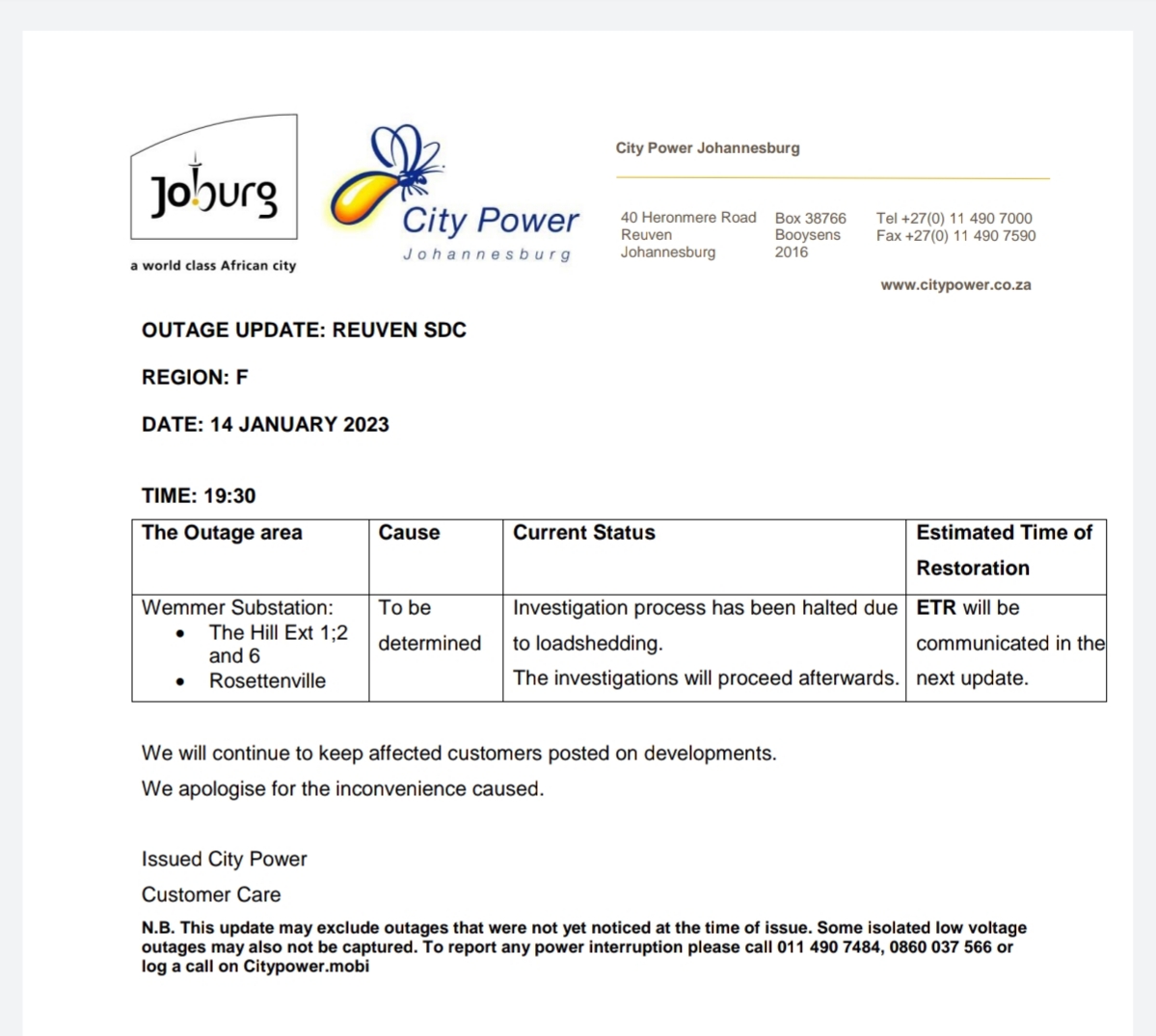 CityPowerJhb's tweet photo. #JoburgUpdates #ReuvenOutage

Investigation process has been halted due to loadshedding at # Wemmer Sub. Team will attend to it afterwards.^LP https://t.co/Gc3j1eIDdf