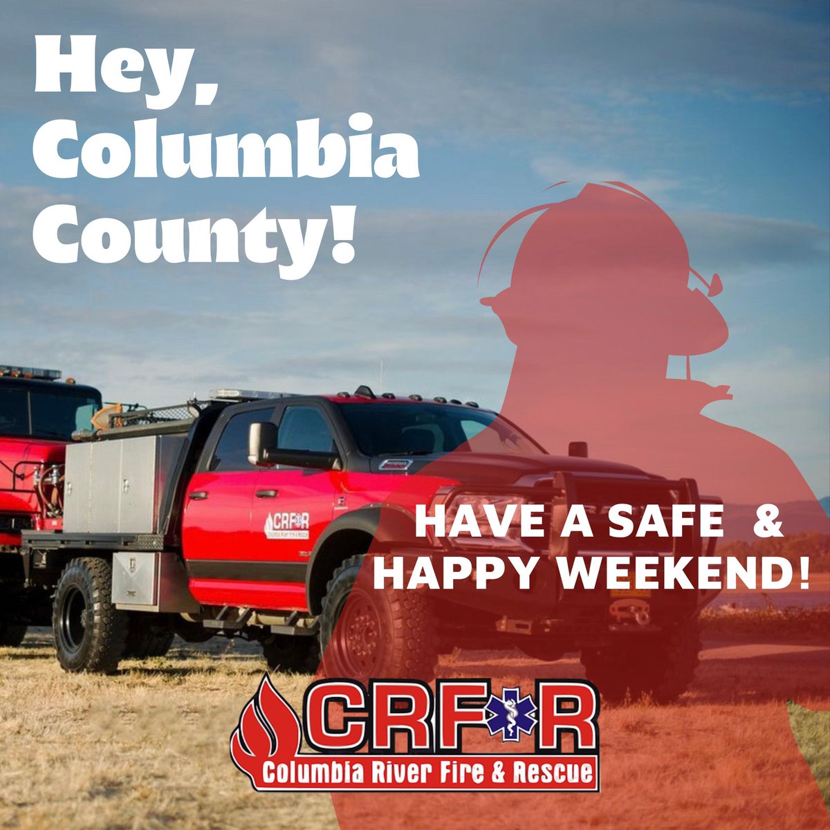 CRFR4700's tweet photo. Hey Columbia County! Columbia River Fire &amp; Rescue wishes you a safe and happy weekend. 🚒🚑🚨 

#ColumbiaCounty #firedepartment #oregonfirefighters https://t.co/H68mixCce3
