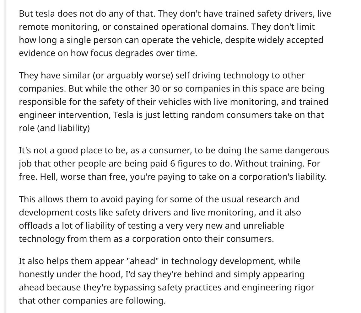 DavidZipper's tweet photo. This woman knows her stuff, and she pulls no punches:

"It's a joke in my field that if you pay for FSD, you're paying to be a crash test dummy." https://t.co/1HWqKBVPxg