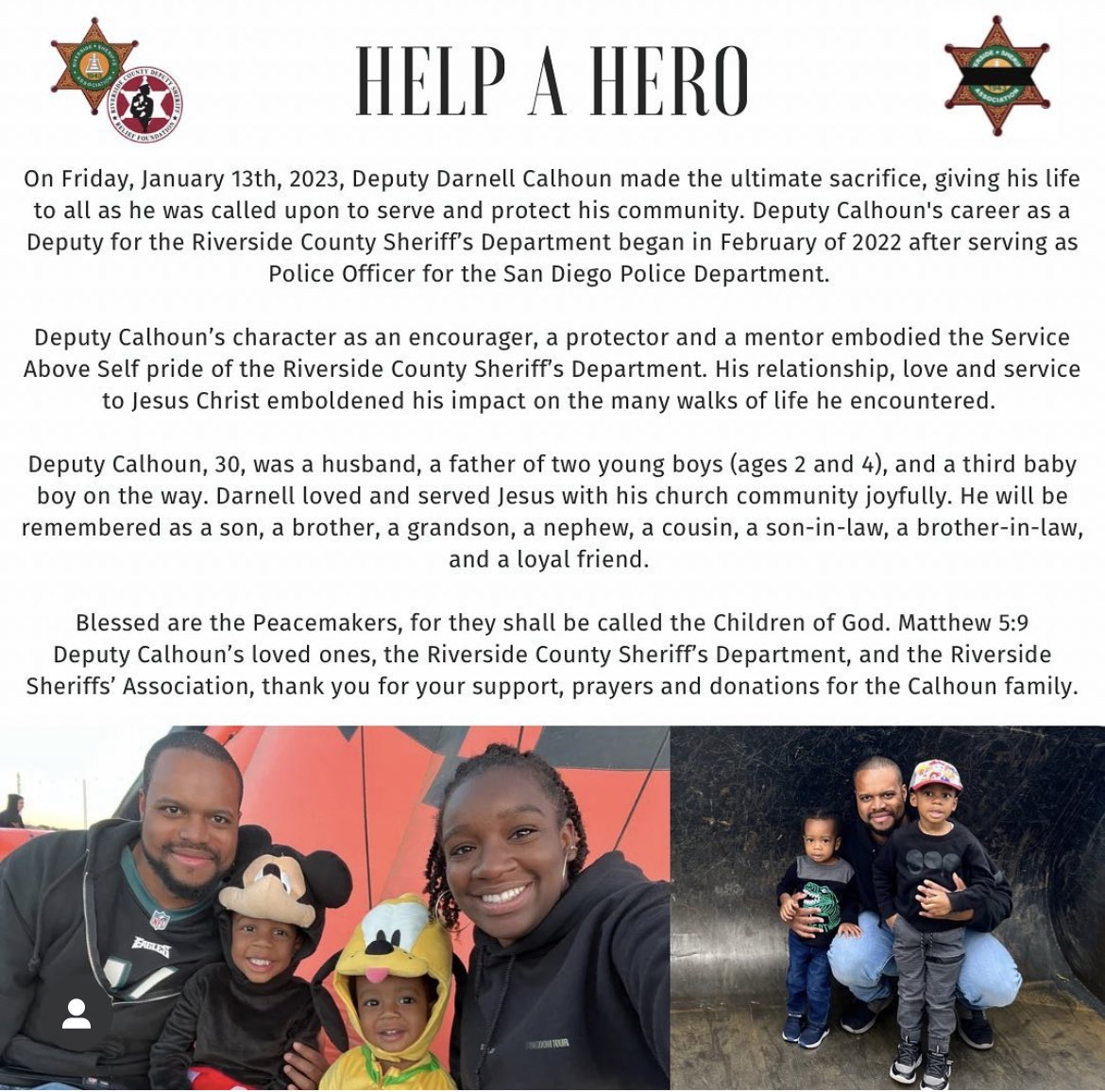 GLFOP's tweet photo. 🚨 OFFICER DOWN: @RSO Deputy Darnell Calhoun was shot and killed in the line of duty yesterday. @RSA1943 

We ask the all Americans, if you would like to support the Calhoun family, please consider Helping a Hero and making a donation here: https://t.co/fyIW95mOW5 https://t.co/0keQ0X9fOZ