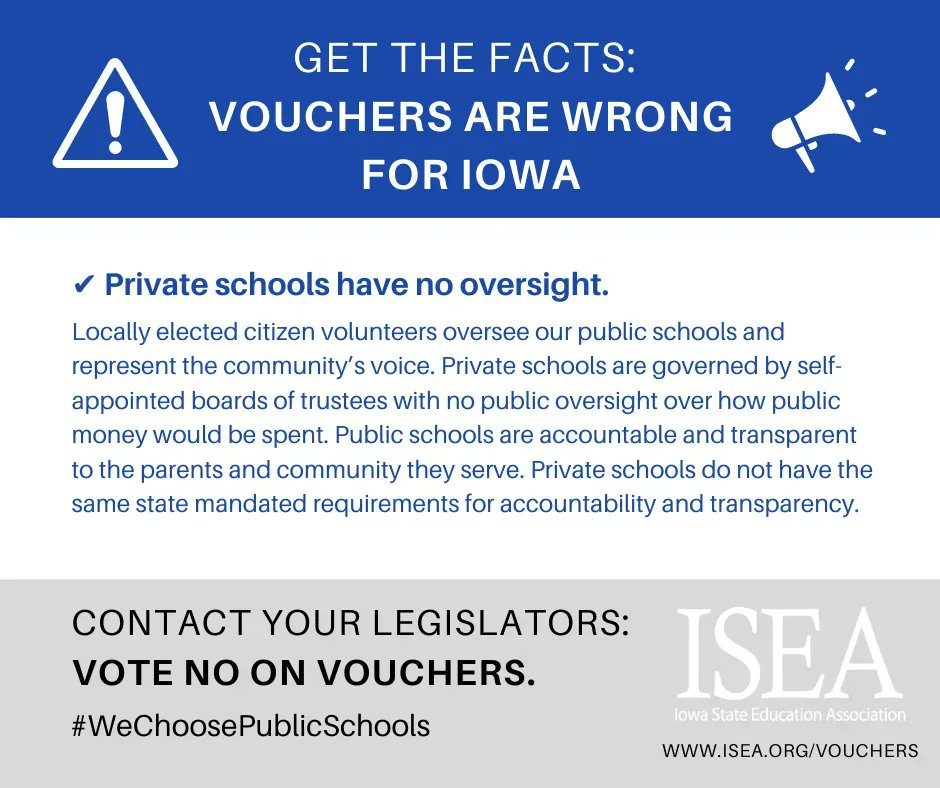 Vouchers mean less oversight for your tax dollars. Contact your legislator here to tell them to oppose the bill: buff.ly/3cuPH00 and show up: Tuesday 1/17 5 PM, Iowa State Capitol Room 103