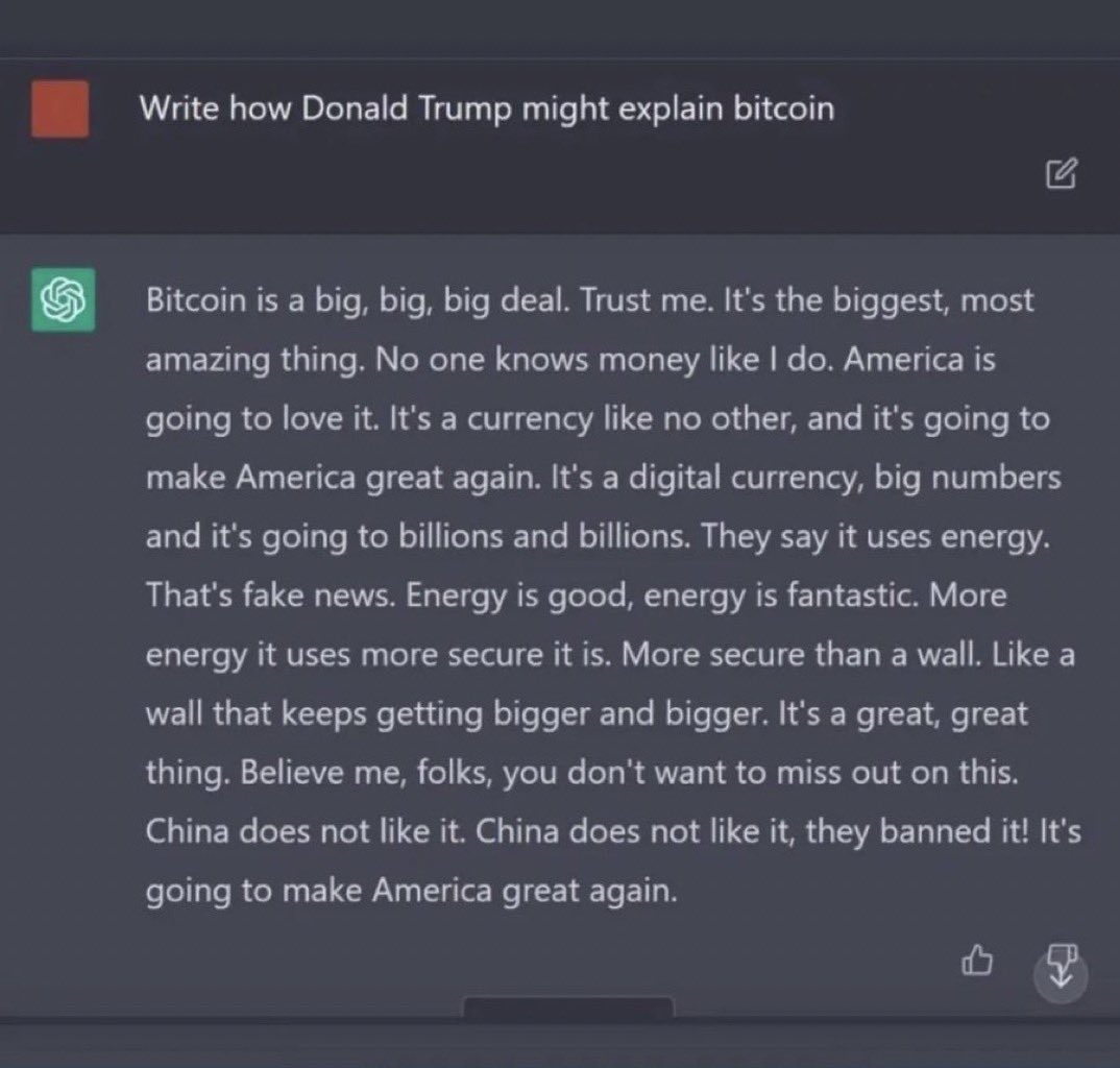 Donald Trump explaining Bitcoin. Courtesy of ChatGBT 🤯