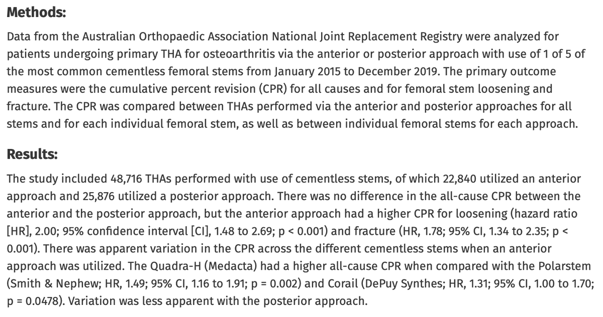 LifetimeHip's tweet photo. 22,840 anterior v 25,876 posterior #THAs. No difference in the all-cause revision, but:
⬆ femoral stem loosening (HR 2.0) and fracture (HR 1.8)
⬆ variation in outcomes between individual stems
@jbjs via @BoneJoint360
https://t.co/HN0ZLggTlo https://t.co/H3KVbWe6Ch