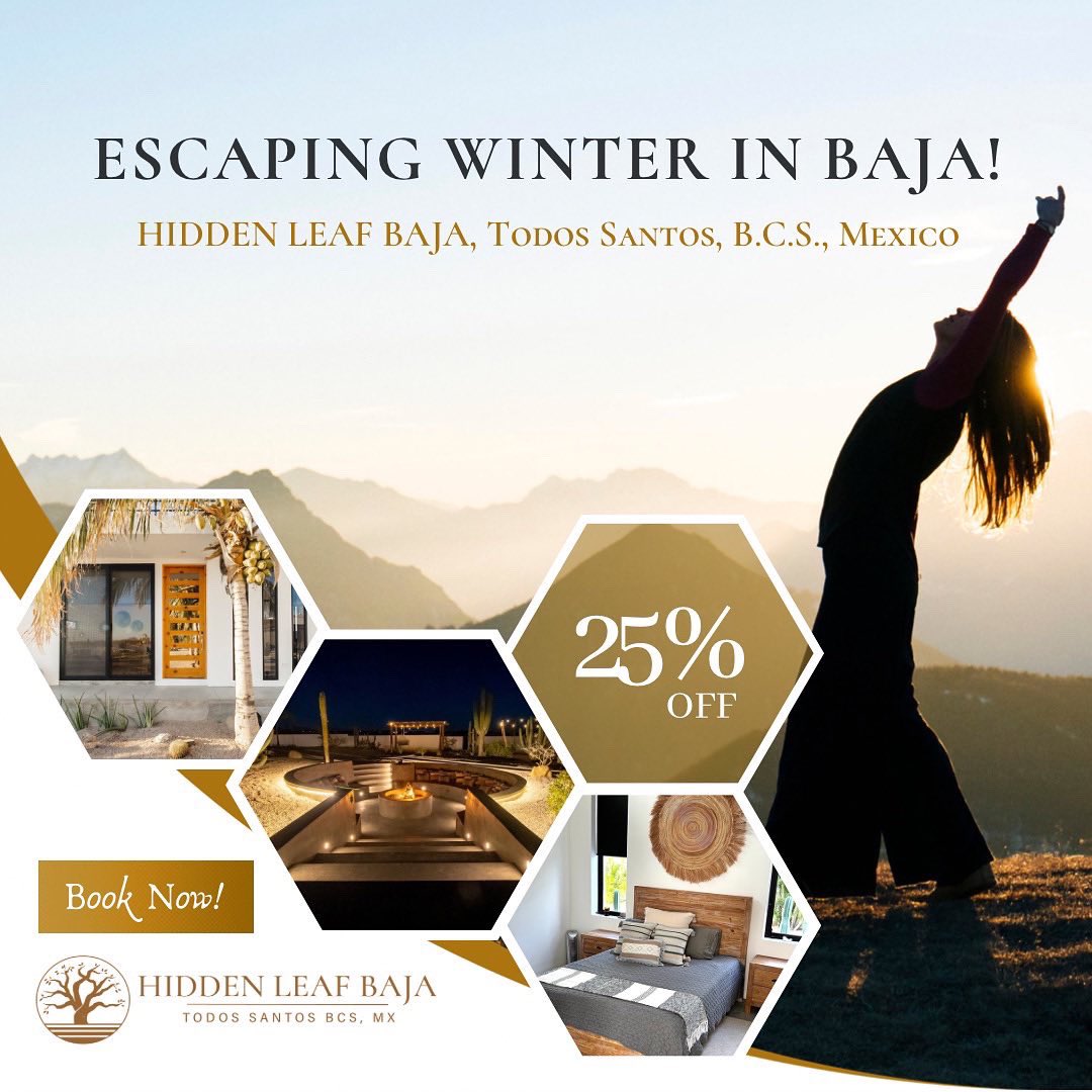 What's the best decision you can make to start the #NewYear on the right foot? Escaping Winter in #Baja!⁠
⁠
⭐️ Hidden Leaf Baja is offering 25% off for bookings that occur between Feb. 6 - March 31st, 2023. ⁠ book.hiddenleafbaja.com/en/all-propert…