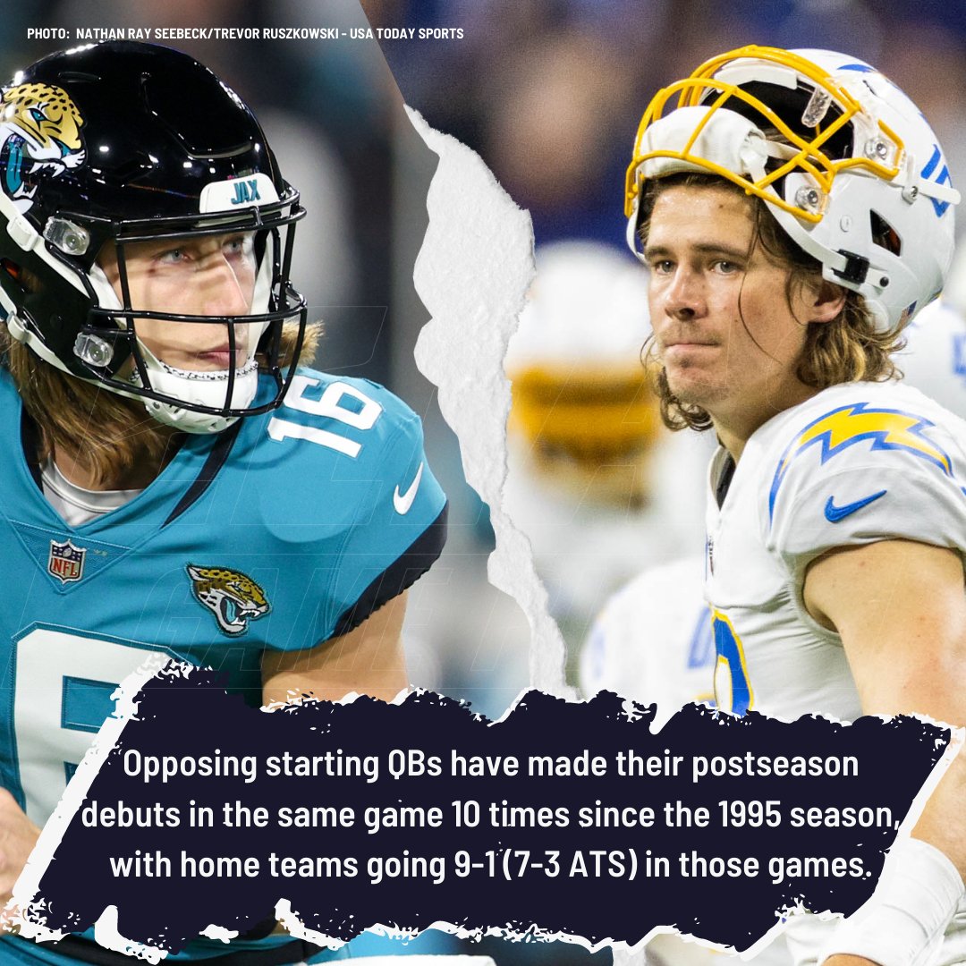 Justin Herbert and Trevor Lawrence will each be making their postseason debuts tonight in Jacksonville. Opposing starting QBs have made their postseason debuts in the same game 10 times since the 1995 season, with home teams going 9-1 (7-3 ATS) in those games.

#DUUUVAL | #BoltUp