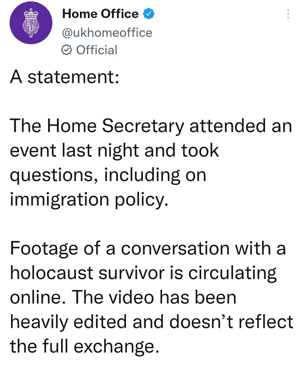 Otto_English's tweet photo. If a Holocaust survivor is upbraiding the Home Secretary for her offensive and incendiary use of language against migrants then maybe just maybe the Home Secretary should pause to think.  Getting the official Home Office account to go on the attack is not the appropriate response https://t.co/c1swRTzqMz