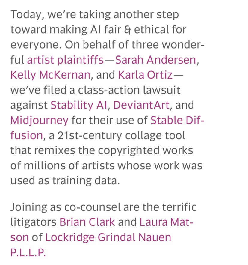 Today is a good day, Artists. We came together against being unethically scrapped and exploited. The article below is from the Joseph Saveri Law firm that has filed a formal complaint in the Lawsuit against Stable Diffusion, Midjourney and Deviant Art!! prnewswire.com/news-releases/…