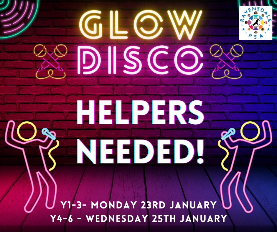 RavensdalePSA's tweet photo. ⭐️Have you been wondering about supporting Ravensdale's PSA? Not got much spare time? Can you perhaps spare an hour to help us to run our Glow Discos?
We'd be very grateful. Please sign up via https://t.co/XmlqMxGkcl or drop us an email: ravensdalepsa@gmail.com 🤩
@RavensdalePS https://t.co/yqnwCmkrYC