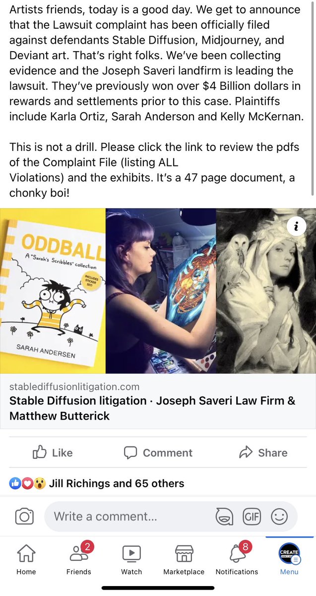 JonLamArt's tweet image. Here is the formal complaint in the Lawsuit against Stable Diffusion, Midjourney and DeviantArt on behalf of Karla Ortiz, Sarah Anderson and Kelly Mckernan.

stablediffusionlitigation.com
Links for pdf of complaint (with violations and exhibits above) 
#CreateDontScrape #art #NoAi